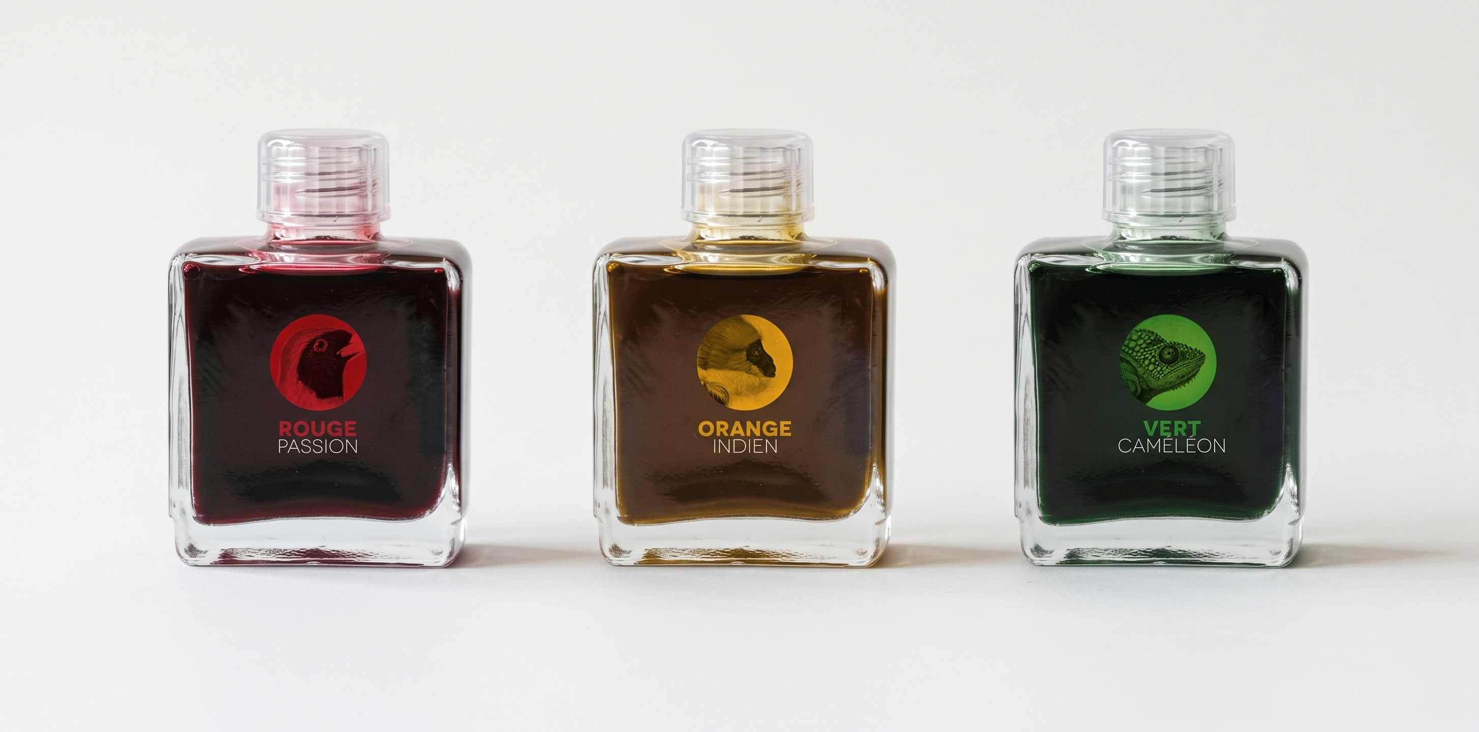 Herbin, flacons d’encre Rouge Passion, Orange Indien et Vert Caméléon