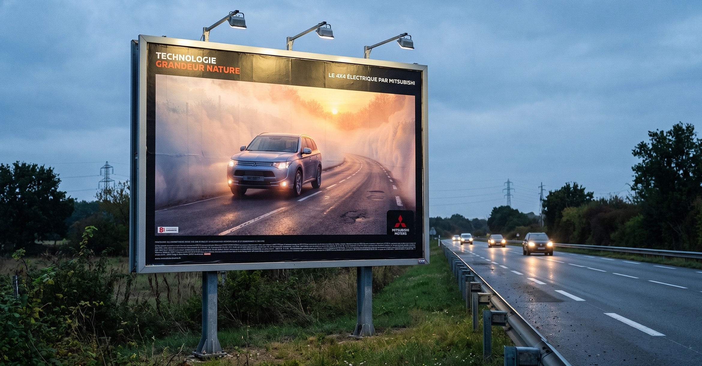 Mitsubishi, panneau 4 × 3 Outlander PHEV au bord d’une route